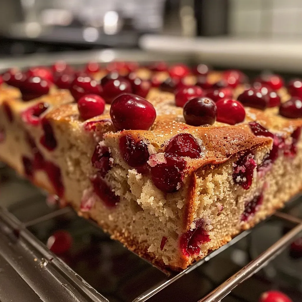 ['Close-up view of a sliced cranberry bread revealing juicy cranberries and a golden crust.', 'Side view of a moist cranberry bread loaf, showcasing vibrant red cranberries in the dough.', 'Freshly baked cranberry bread with a rich buttery texture and a sprinkle of sugar on top.', 'Detailed shot of cranberry bread, highlighting the ingredients and its soft, inviting crumb.']