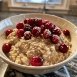 ['Close-up view of a bowl of cranberry oatmeal topped with dried cranberries and orange zest.', 'Side perspective of creamy oatmeal with juicy cranberries and a sprinkle of orange zest.', 'Detailed shot of oatmeal featuring vibrant dried cranberries and a hint of orange zest on top.', 'Close-up image showing a delicious bowl of cranberry oatmeal, highlighting its texture and ingredients.']