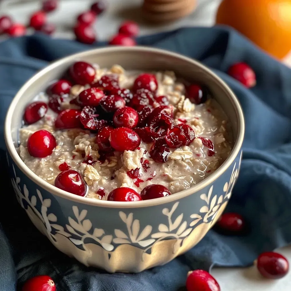['Close-up view of a bowl of cranberry oatmeal topped with dried cranberries and orange zest.', 'Side perspective of creamy oatmeal with juicy cranberries and a sprinkle of orange zest.', 'Detailed shot of oatmeal featuring vibrant dried cranberries and a hint of orange zest on top.', 'Close-up image showing a delicious bowl of cranberry oatmeal, highlighting its texture and ingredients.']