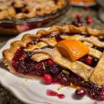 ['A close-up side view of a freshly baked cranberry pie showcasing its glossy fruit filling.', 'A vibrant cranberry pie with a golden-brown crust, revealing red cranberries through the crust.', 'A detailed side view of a cranberry pie featuring a flaky crust and shiny fruit topping.', 'A mouthwatering cranberry pie slice showing the juicy filling and decorative crust trim.']
