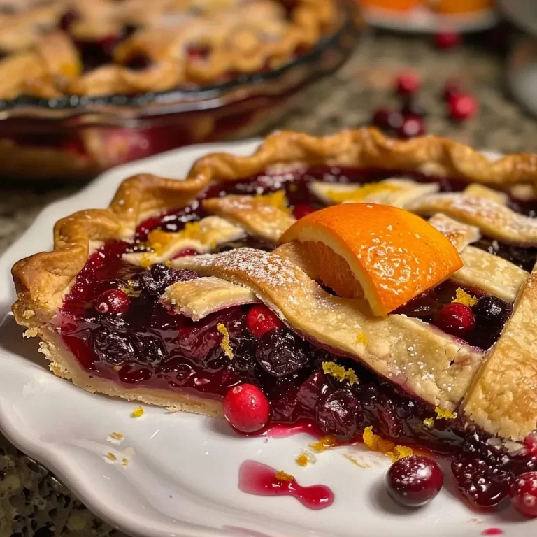 ['A close-up side view of a freshly baked cranberry pie showcasing its glossy fruit filling.', 'A vibrant cranberry pie with a golden-brown crust, revealing red cranberries through the crust.', 'A detailed side view of a cranberry pie featuring a flaky crust and shiny fruit topping.', 'A mouthwatering cranberry pie slice showing the juicy filling and decorative crust trim.']