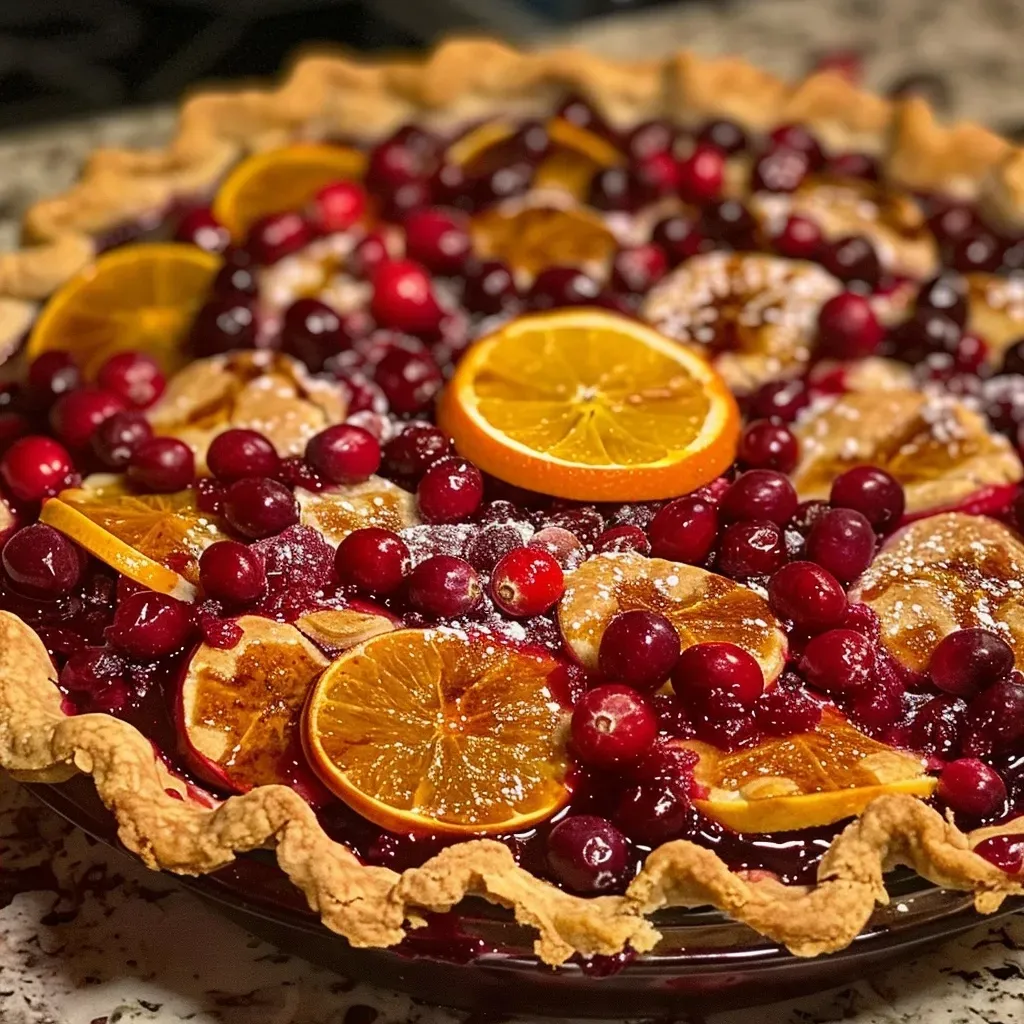 ['A close-up side view of a freshly baked cranberry pie showcasing its glossy fruit filling.', 'A vibrant cranberry pie with a golden-brown crust, revealing red cranberries through the crust.', 'A detailed side view of a cranberry pie featuring a flaky crust and shiny fruit topping.', 'A mouthwatering cranberry pie slice showing the juicy filling and decorative crust trim.']