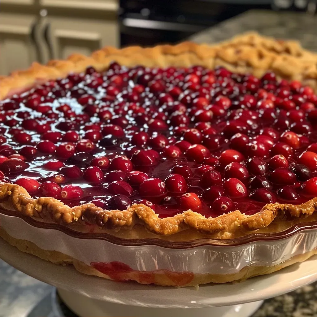 ['Close-up view of a sliced cranberry custard pie with a golden crust.', 'Side view of a vibrant cranberry pudding pie showcasing the filling.', 'Juicy cranberry custard pie with a flaky pie crust on a wooden table.', 'Freshly baked cranberry pie, highlighting the glossy custard and cranberries.']