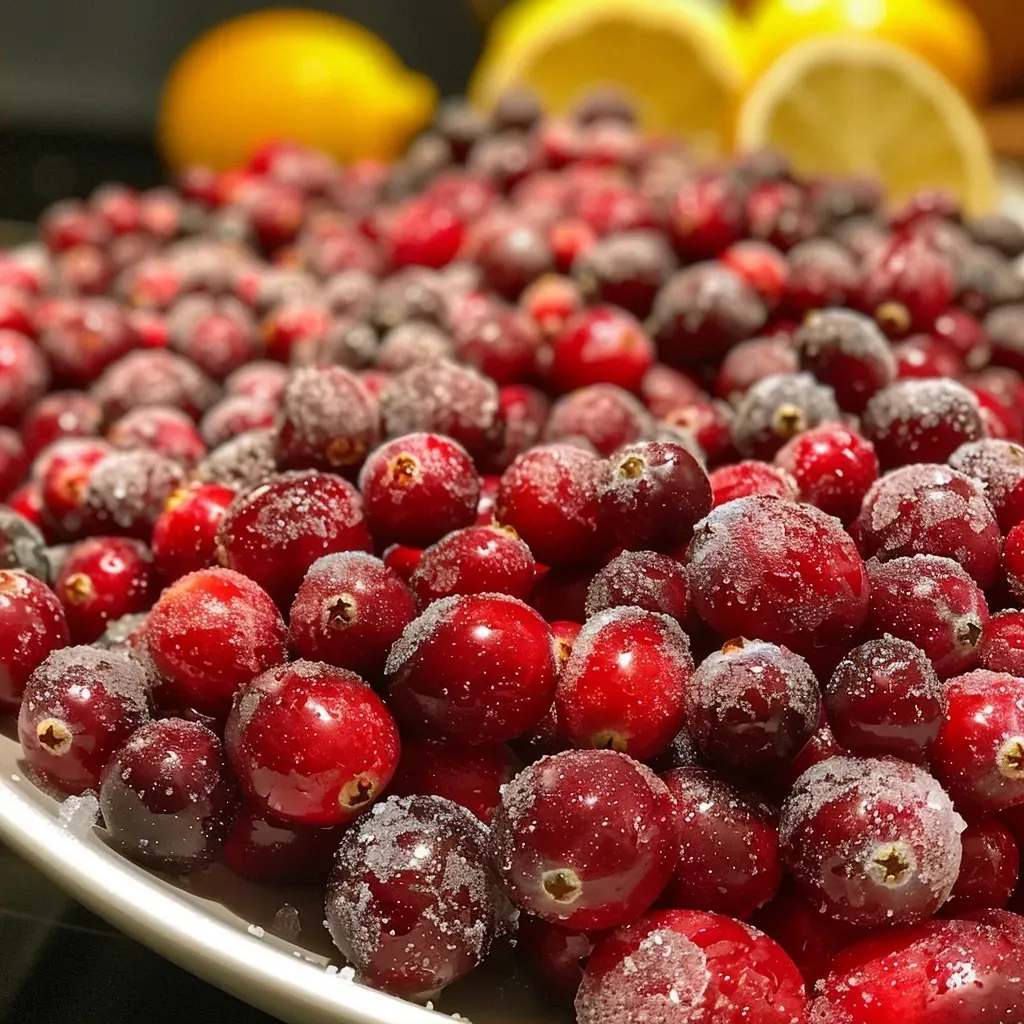 ['Close-up view of vibrant cranberry puree with sugared citrus fruits on top.', 'Juicy cranberry puree accompanied by glistening orange and lemon slices.', 'Side view of a thick cranberry puree garnished with sparkling citrus.', 'Rich red cranberry puree with slices of sugared orange and lemon.']