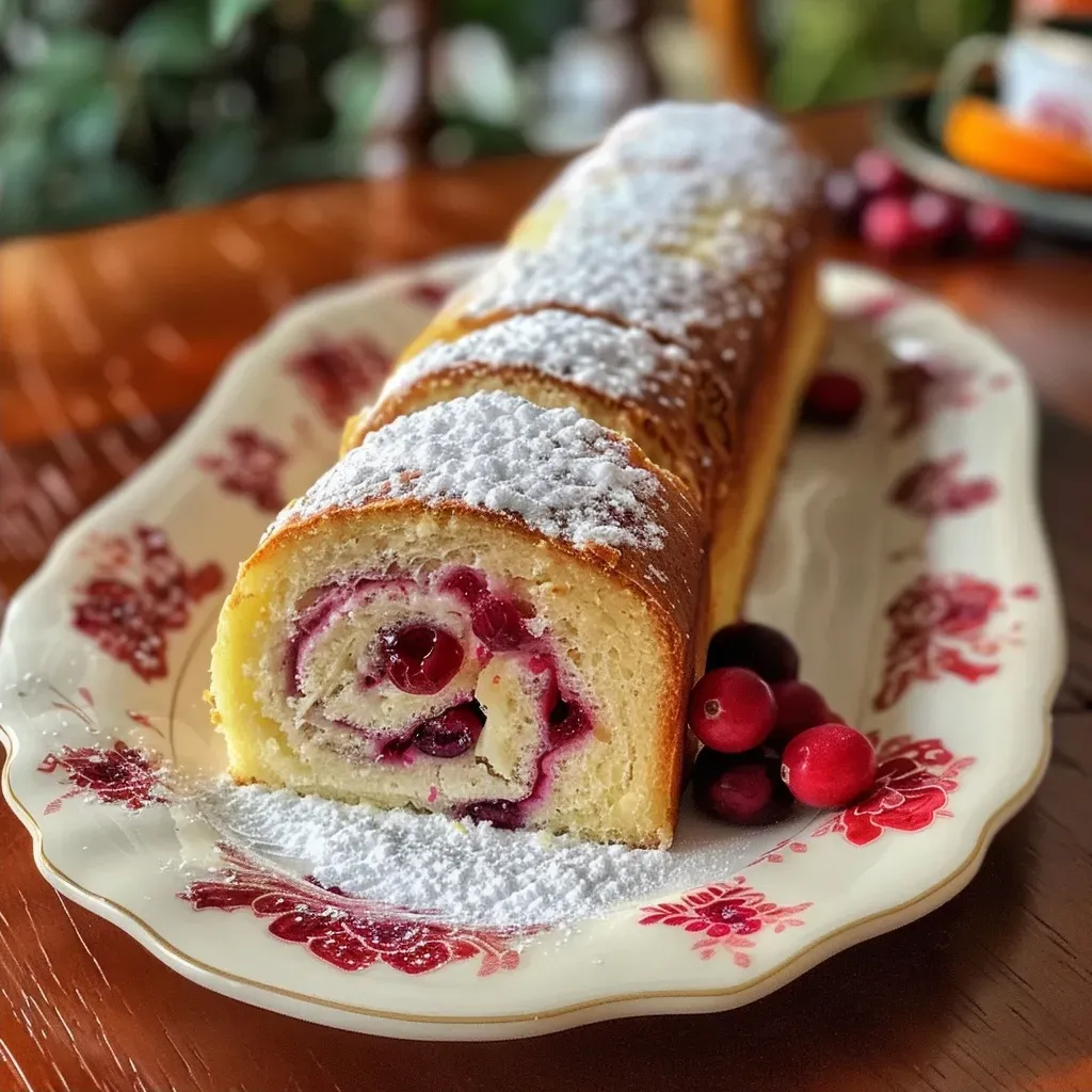 ['A close-up view of a sliced Cranberry Swiss Roll showcasing its layers.', 'Side view of a Cranberry Swiss Roll with visible cranberry filling and cream.', 'Detailed side angle of a fresh Cranberry Swiss Roll on a white plate.', 'Juicy Cranberry Swiss Roll with a smooth cream layer and garnished with orange zest.']