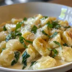 ['Close-up of creamy gnocchi with leeks and ham in a white sauce.', 'A side view of delicious gnocchi dish featuring leeks and creamy sauce.', 'Juicy gnocchi topped with sautéed leeks and a rich sauce.', 'A detailed view of creamy gnocchi mixed with chopped leeks and ham.']
