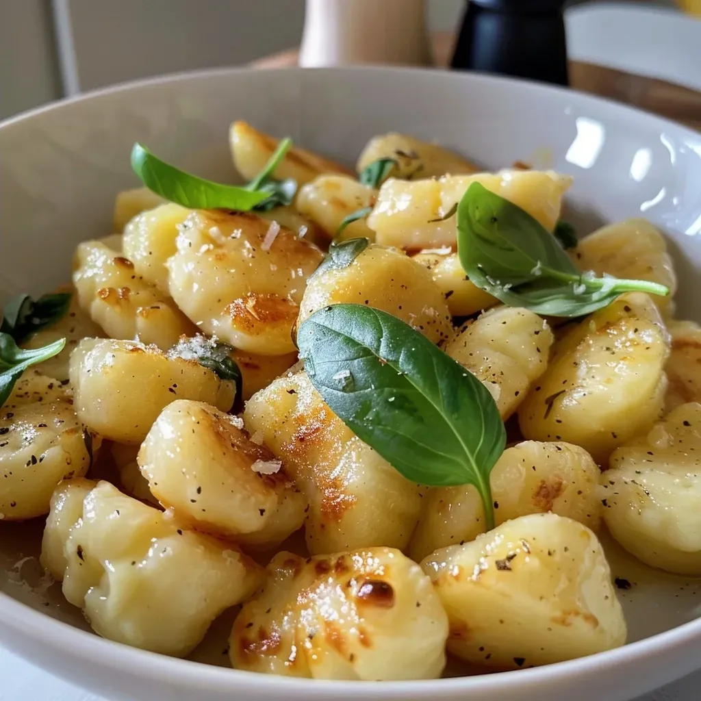 ['Close-up of creamy gnocchi with leeks and ham in a white sauce.', 'A side view of delicious gnocchi dish featuring leeks and creamy sauce.', 'Juicy gnocchi topped with sautéed leeks and a rich sauce.', 'A detailed view of creamy gnocchi mixed with chopped leeks and ham.']