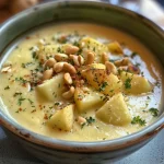['Close-up of a creamy potato-apple soup garnished with cashews.', 'Side view of a delicious bowl of potato and apple soup with a smooth texture.', 'A vibrant serving of potato-apple soup showcasing its creamy consistency.', 'A detailed look at a hearty soup made from potatoes, apples, and cashews.']