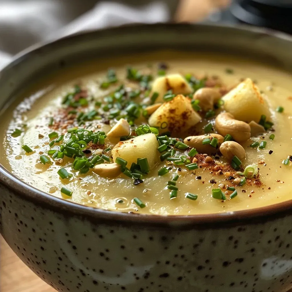 ['Close-up of a creamy potato-apple soup garnished with cashews.', 'Side view of a delicious bowl of potato and apple soup with a smooth texture.', 'A vibrant serving of potato-apple soup showcasing its creamy consistency.', 'A detailed look at a hearty soup made from potatoes, apples, and cashews.']