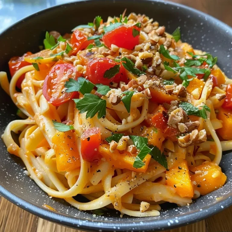 ['Creamy pumpkin pasta topped with vegan feta and walnuts, served in a bowl.', 'Close-up view of creamy pumpkin pasta, garnished with fresh herbs and walnuts.', 'Delicious creamy pasta dish with orange pumpkin sauce and vegan toppings.', 'Side view of a bowl of pumpkin pasta with red bell pepper and walnuts.']