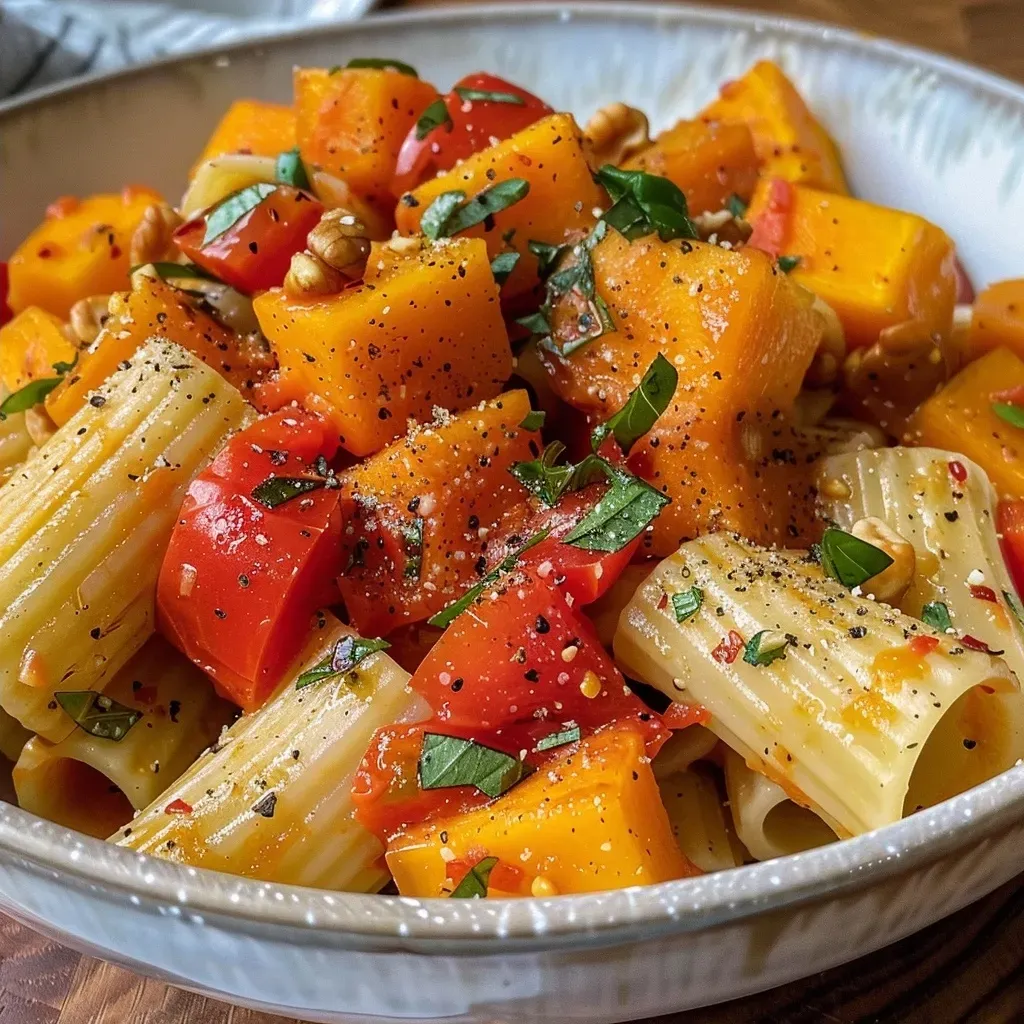 Creamy pumpkin pasta topped with vegan feta and walnuts, served in a bowl.