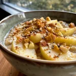 ['A close-up view of creamy apple cinnamon porridge with nuts on top.', 'A bowl of creamy apple cinnamon porridge filled with fresh apple slices and spices.', 'Side view of creamy porridge showing oats, apple chunks, and a sprinkle of cinnamon.', 'Creamy porridge in a bowl with visible ingredients like apples and hazelnuts.']