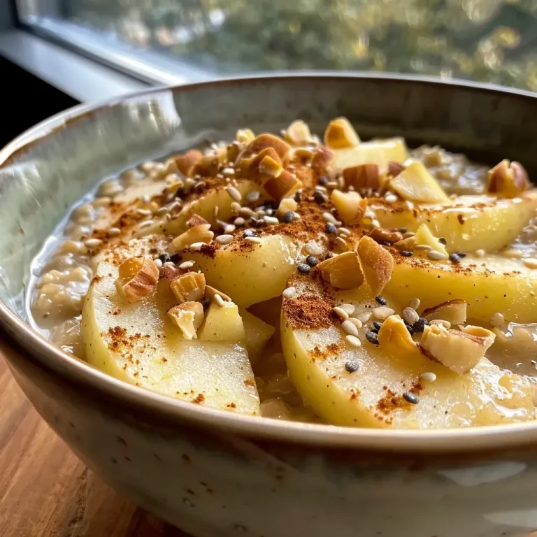 ['A close-up view of creamy apple cinnamon porridge with nuts on top.', 'A bowl of creamy apple cinnamon porridge filled with fresh apple slices and spices.', 'Side view of creamy porridge showing oats, apple chunks, and a sprinkle of cinnamon.', 'Creamy porridge in a bowl with visible ingredients like apples and hazelnuts.']