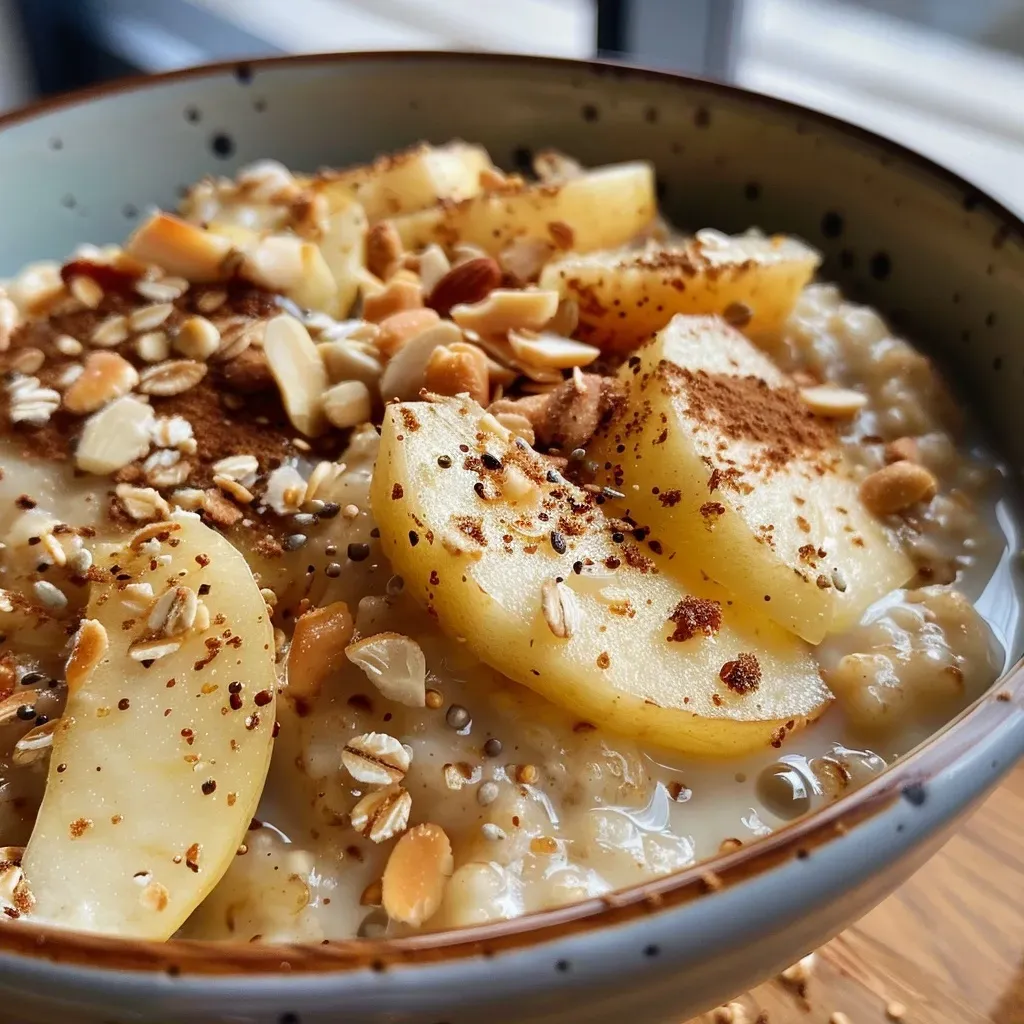 ['A close-up view of creamy apple cinnamon porridge with nuts on top.', 'A bowl of creamy apple cinnamon porridge filled with fresh apple slices and spices.', 'Side view of creamy porridge showing oats, apple chunks, and a sprinkle of cinnamon.', 'Creamy porridge in a bowl with visible ingredients like apples and hazelnuts.']