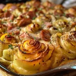 ['Close-up view of a creamy Brussels sprouts casserole topped with melted cheese.', 'Side view of a deliciously baked Rosenkohlauflauf with golden cheese crust.', 'Juicy, creamy casserole featuring Brussels sprouts and Parmesan cheese.', 'Mouth-watering shot of a cheesy vegetable dish, highlighting its rich texture.']