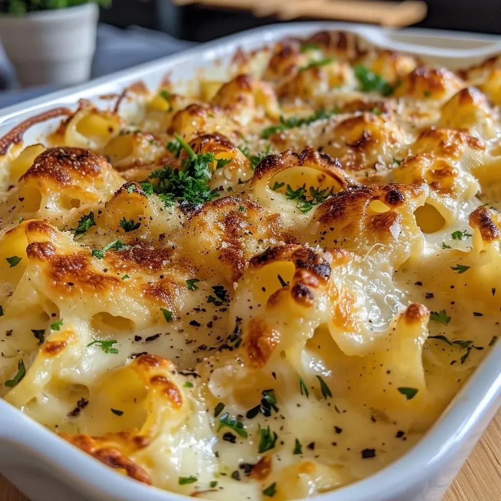 Close-up view of a creamy Brussels sprouts casserole topped with melted cheese.