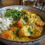 ['A close-up side view of creamy parsnip curry with lentils showcasing vibrant colors and textures.', 'Juicy parsnip curry featuring colorful baby carrots, topped with fresh coriander and displayed in a bowl.', 'A detailed shot of creamy lentil curry, highlighting ingredients like tomatoes and curry paste in a rustic setting.', 'An appetizing view of a dish filled with parsnip curry, lentils, and topped with coriander, served in a bowl.']