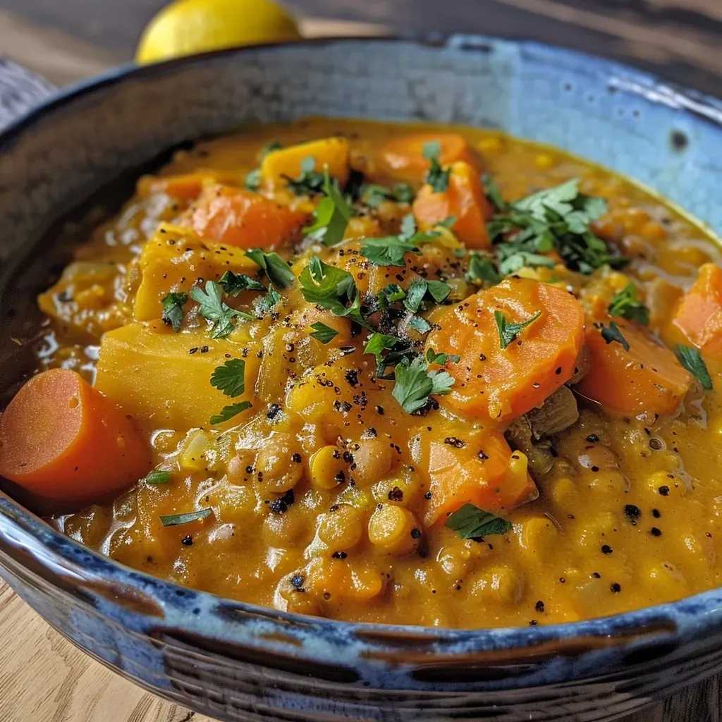 ['A close-up side view of creamy parsnip curry with lentils showcasing vibrant colors and textures.', 'Juicy parsnip curry featuring colorful baby carrots, topped with fresh coriander and displayed in a bowl.', 'A detailed shot of creamy lentil curry, highlighting ingredients like tomatoes and curry paste in a rustic setting.', 'An appetizing view of a dish filled with parsnip curry, lentils, and topped with coriander, served in a bowl.']