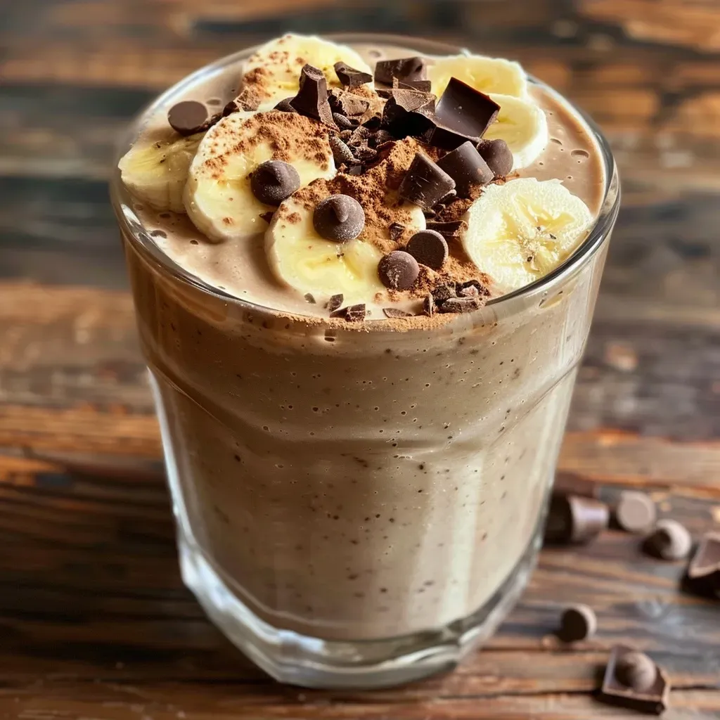 ['Thick and creamy Magic Mushroom Smoothie with a drizzle of chocolate hazelnut butter.', 'Close-up of a luscious smoothie, garnished with whipped cream and surrounded by ingredients.', 'Side view of a vibrant Magic Mushroom Smoothie in a glass, showcasing its creamy texture.', 'A refreshing smoothie topped with plant-based whipped cream and a chocolate drizzle.']