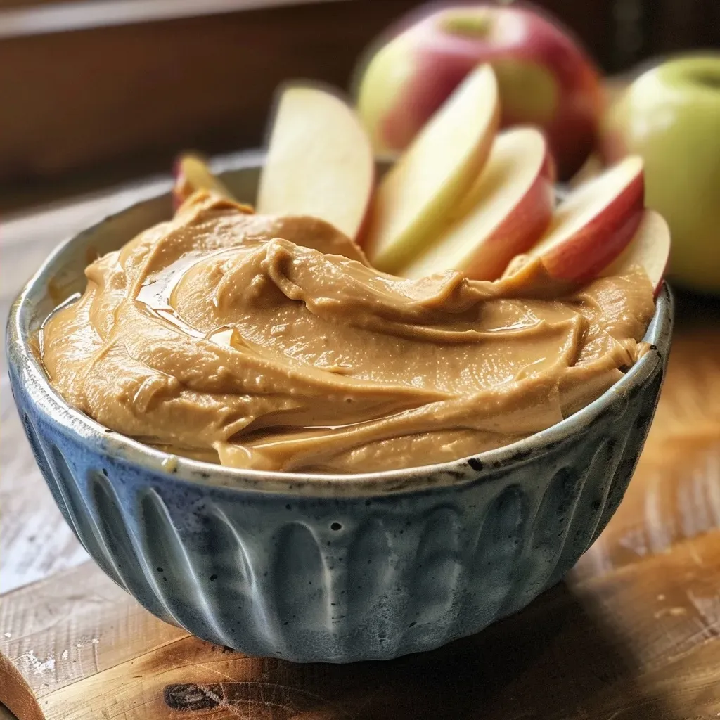 Close-up view of a creamy apple dip in a small bowl, with fresh apple slices beside it.