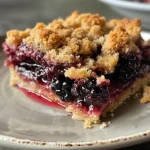 ['Close-up side view of a juicy blackberry crumble topped with a golden brown crust.', 'Delicious blackberry crumble showcasing plump blackberries and a flaky topping.', 'A tempting slice of blackberry crumble with a crispy crust and vibrant fruit filling.', 'Side angle of a freshly baked blackberry crumble, revealing its juicy berries and crumbly top.']