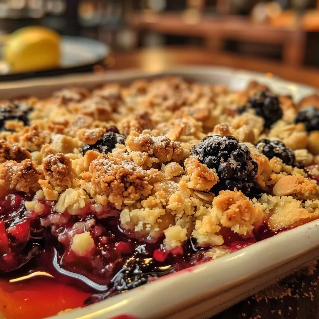 Close-up side view of a juicy blackberry crumble topped with a golden brown crust.