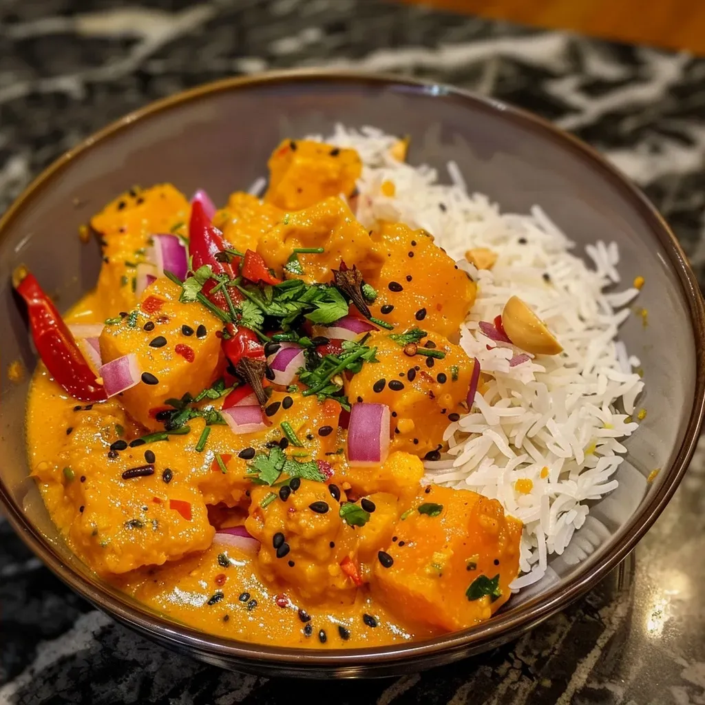 ['Close-up view of a vibrant Thai pumpkin curry in a bowl, showcasing a creamy texture and colorful vegetables.', 'Side view of a delicious pumpkin curry dish, featuring chunks of pumpkin and a rich coconut milk sauce.', 'Detailed image of easy Thai pumpkin curry, highlighting the various ingredients and spices in a cozy setting.', 'Close-up of a hearty bowl of pumpkin curry, illustrating the creamy coconut milk and vibrant spices used in the dish.']