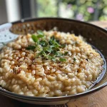 ['Close-up view of creamy espresso risotto topped with honey figs.', 'Side angle of a vibrant plate of espresso risotto featuring ripe figs.', 'Rich espresso risotto garnished with succulent honeyed figs on a white plate.', 'Detail shot of espresso-infused risotto with sliced fresh figs and a glossy finish.']