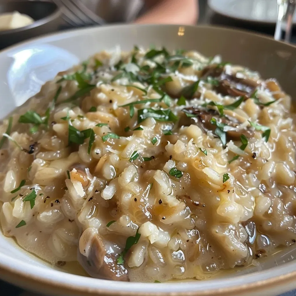 ['Close-up view of creamy espresso risotto topped with honey figs.', 'Side angle of a vibrant plate of espresso risotto featuring ripe figs.', 'Rich espresso risotto garnished with succulent honeyed figs on a white plate.', 'Detail shot of espresso-infused risotto with sliced fresh figs and a glossy finish.']