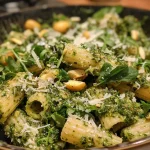 ['Close-up view of a creamy chestnut-herb pesto with visible nuts and herbs.', 'Side angle shot of a bowl filled with vibrant chestnut pesto surrounded by fresh ingredients.', 'Detailed image showcasing a rich chestnut pesto made with arugula and mint.', 'Textured chestnut pesto displayed in a rustic bowl, highlighting its green color and chunky consistency.']