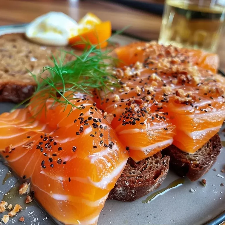 ['Close-up view of Färöer Lachs with a crust made of Lebkuchen and Pumpernickel.', 'Side shot of beautifully plated Färöer Lachs garnished with herbs and spices.', 'Juicy piece of salmon topped with a spiced bread crust, ready to serve.', 'Delicious Färöer Lachs with a decorative crust, showcasing vibrant colors and textures.']