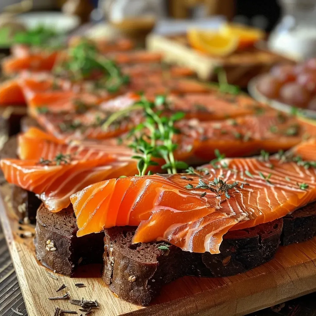 Close-up view of Färöer Lachs with a crust made of Lebkuchen and Pumpernickel.