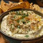 ['Close-up view of a creamy fig dip with visible chunks of dry figs.', 'Side view of a delicious fig dip in a bowl, garnished with spices.', 'Juicy fig dip displayed in a rustic bowl, showcasing its smooth texture.', 'A vibrant fig dip with a side of fresh ingredients on a wooden board.']