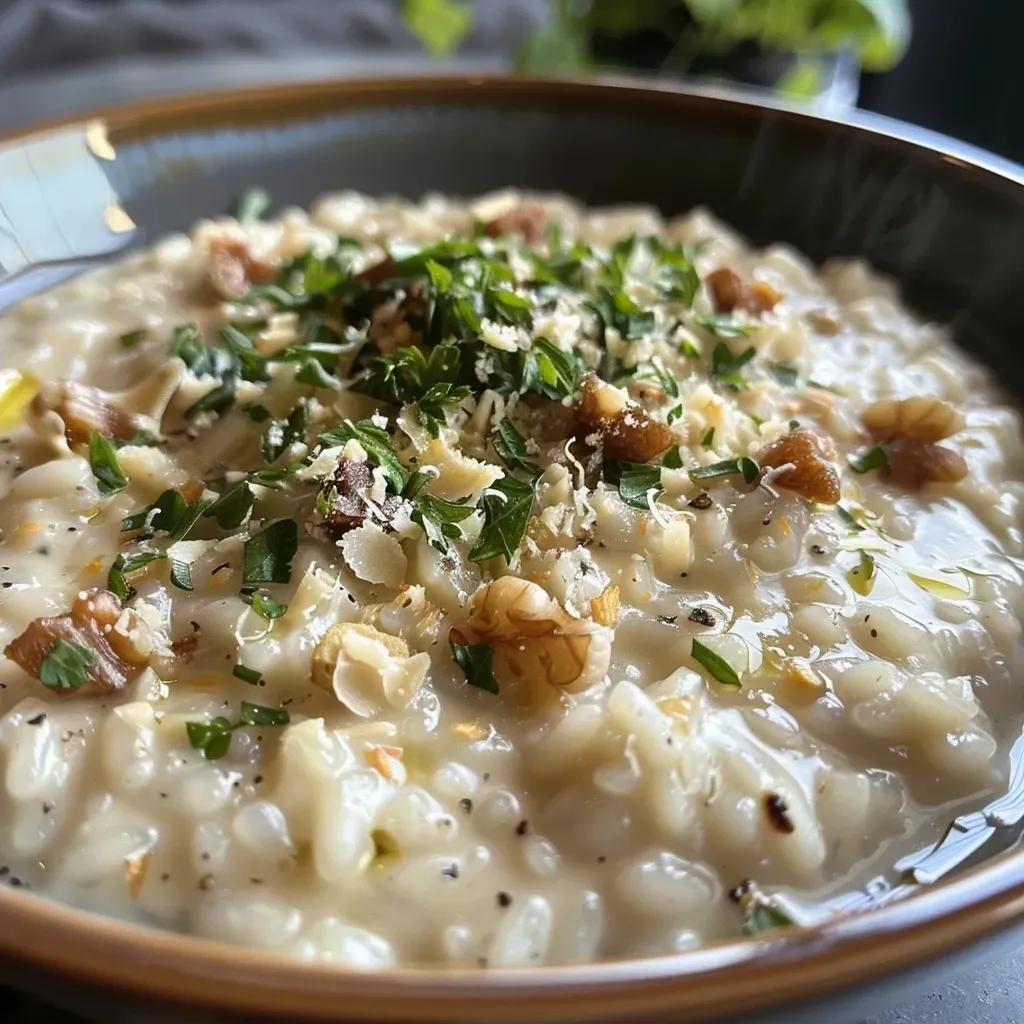 ['Close-up view of creamy Feigen risotto garnished with figs and cheese.', 'Side view of a bowl filled with luscious Feigen risotto topped with fresh figs.', 'Detailed shot of a serving of Feigen risotto showcasing the ingredients and textures.', 'Close-up image of Feigen risotto, highlighting the vibrant colors of figs and cheese.']