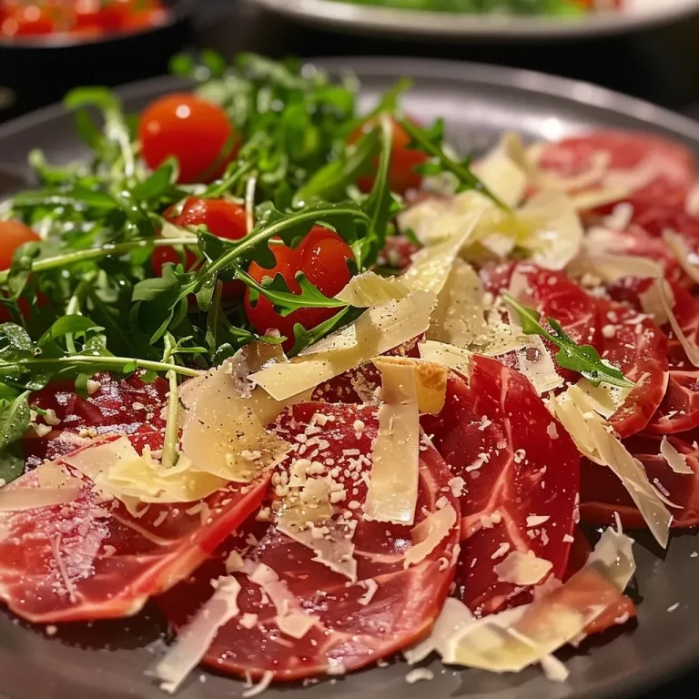['Close-up of thinly sliced figs arranged with prosciutto and arugula, garnished with pine nuts and shaved parmesan.', 'Side view of a vibrant plate featuring fig carpaccio, showcasing layers of ingredients including prosciutto and greens.', 'Detailed shot of fig carpaccio with drizzled olive oil, highlighting the colors and textures of figs and toppings.', 'Artistic presentation of Feigencarpaccio with fresh arugula, nuts, and cheese, captured against a neutral background.']