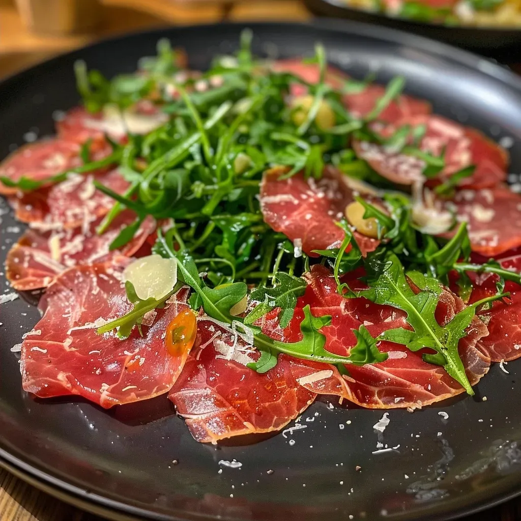 ['Close-up of thinly sliced figs arranged with prosciutto and arugula, garnished with pine nuts and shaved parmesan.', 'Side view of a vibrant plate featuring fig carpaccio, showcasing layers of ingredients including prosciutto and greens.', 'Detailed shot of fig carpaccio with drizzled olive oil, highlighting the colors and textures of figs and toppings.', 'Artistic presentation of Feigencarpaccio with fresh arugula, nuts, and cheese, captured against a neutral background.']