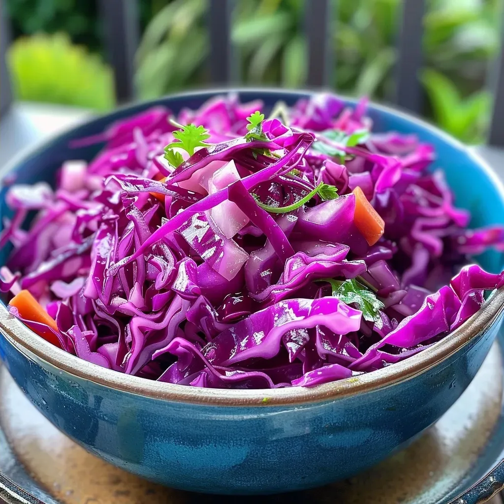 ['Close-up of vibrant red and green shredded cabbage mixed with julienned carrots.', 'Juicy fermented red cabbage with green cabbage and carrots, showcasing textures.', 'Side view of a colorful mix of fermented red and green cabbage with carrots.', 'Detailed shot of raw sauerkraut with different vegetables highlighted.']