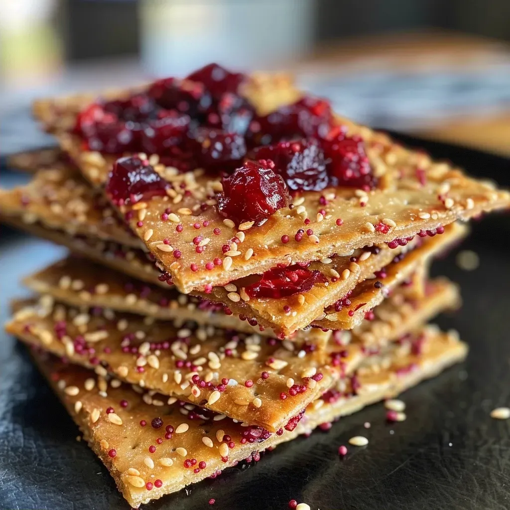 ['A close-up view of a Frischkäse-Cranberry-Cracker topped with cranberry jam and parsley.', 'Side angle photo of a delectable Frischkäse and cranberry cracker, showcasing its vibrant toppings.', 'Detailed close-up of a cracker spread with creamy Frischkäse and adorned with red cranberry sauce.', 'A side view of a delicious Frischkäse-Cranberry-Cracker, highlighting fresh parsley and vibrant colors.']