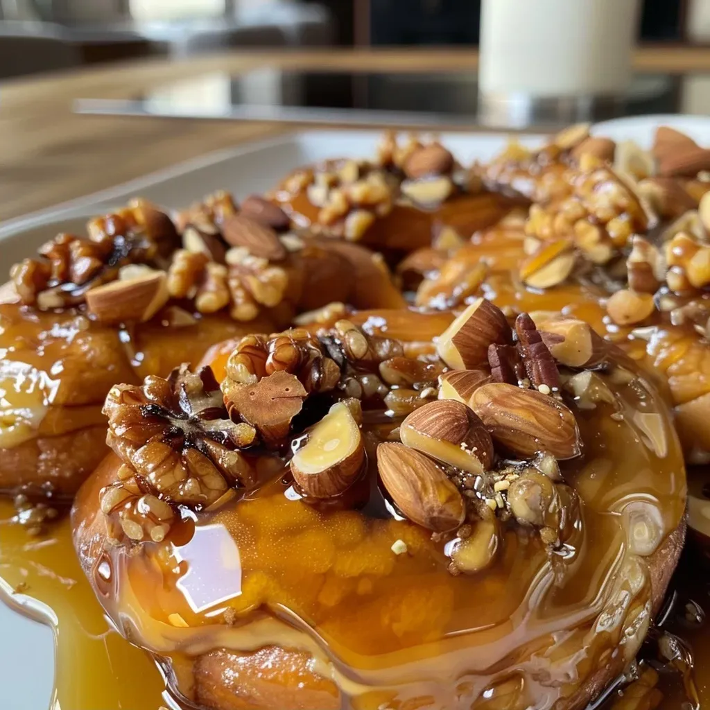 ['A close-up side view of baked pears drizzled with maple syrup and topped with spices.', 'Juicy baked pears with a shiny maple syrup glaze, garnished with walnuts and spices.', 'A detailed photo of baked pears prepared with maple syrup and aromatic spices.', 'Close-up view of warm baked pears served with a drizzle of maple syrup and a sprinkle of cinnamon.']