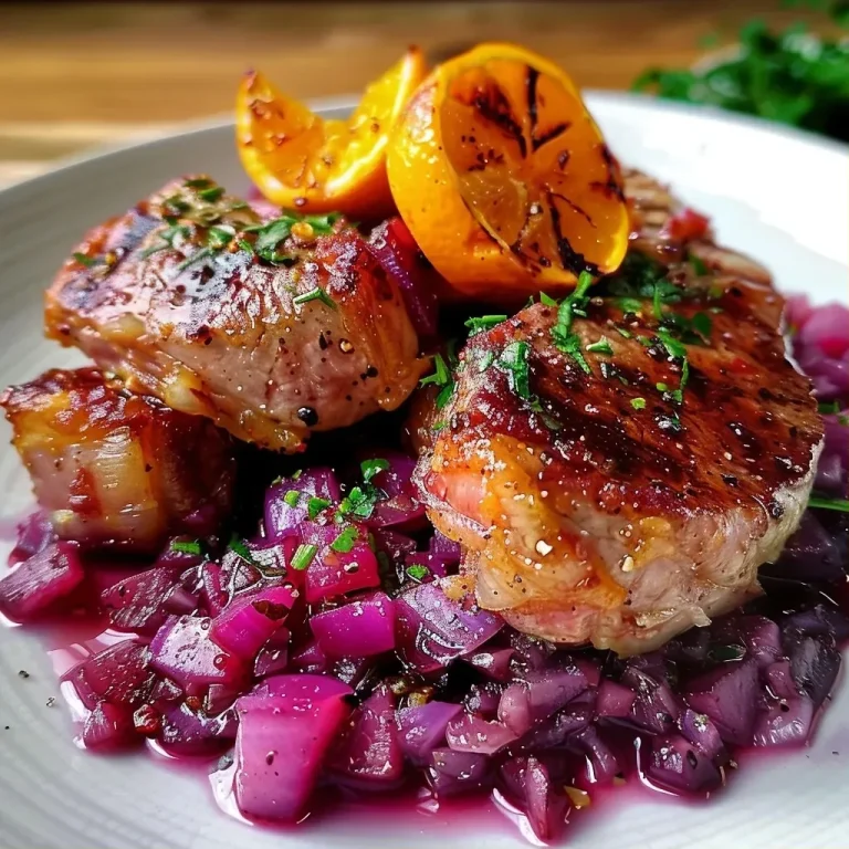 ['Close-up of baked red cabbage steaks topped with crispy chickpeas.', 'Side view of juicy red cabbage steaks garnished with golden chickpeas.', 'Delicious roasted red cabbage steaks served with crunchy chickpeas.', 'Colorful plate featuring baked red cabbage and crispy chickpeas.']