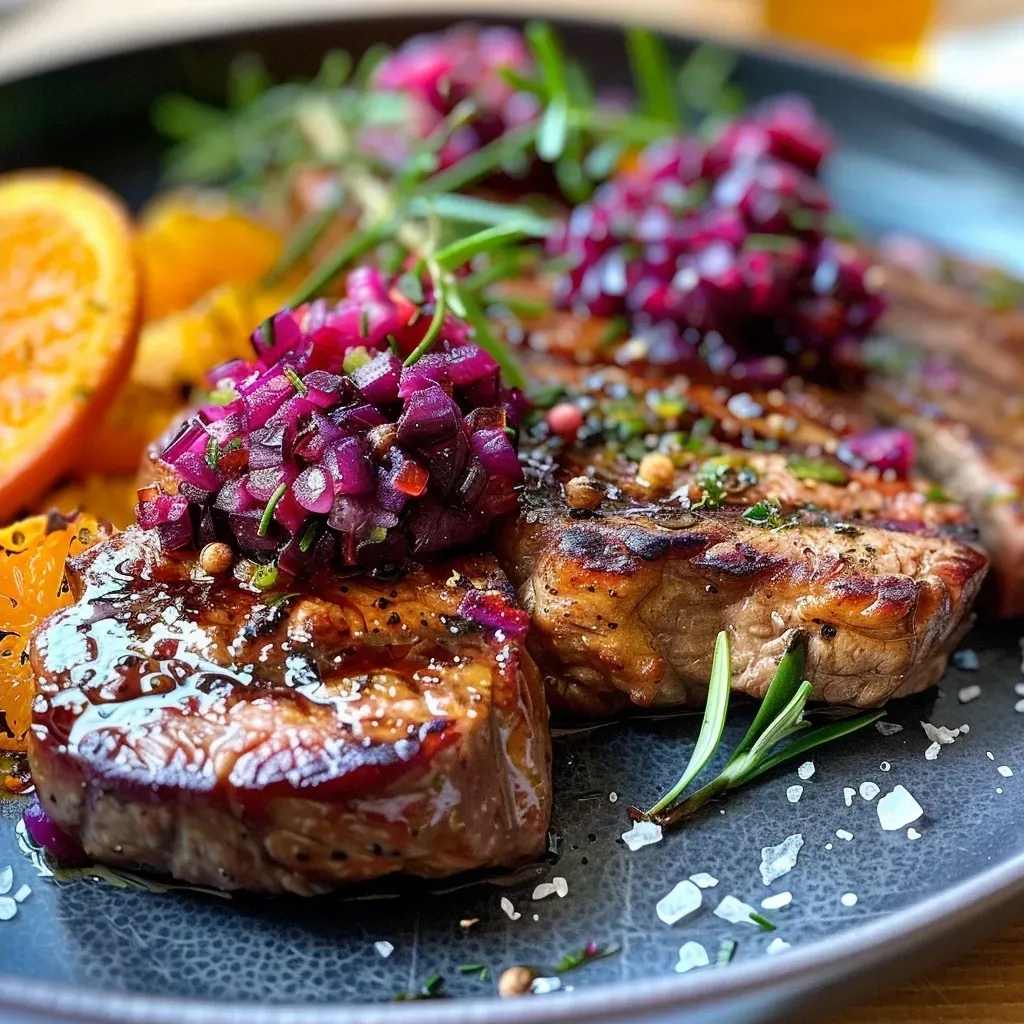 ['Close-up of baked red cabbage steaks topped with crispy chickpeas.', 'Side view of juicy red cabbage steaks garnished with golden chickpeas.', 'Delicious roasted red cabbage steaks served with crunchy chickpeas.', 'Colorful plate featuring baked red cabbage and crispy chickpeas.']