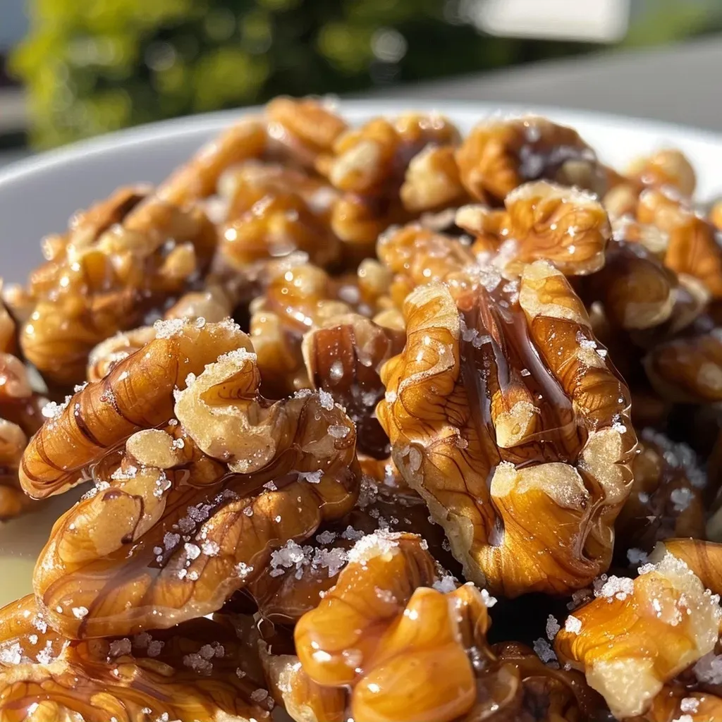 ['Close-up of glossy, caramelized walnuts on a wooden table.', 'Side view of shiny, burnt walnuts glistening with sugar syrup.', 'Deliciously roasted walnuts coated in a sweet syrup, served in a bowl.', 'A tray filled with crunchy, sugared walnuts, ready to enjoy.']