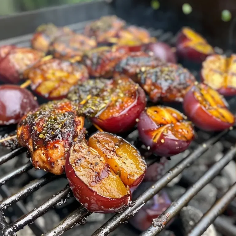 ['Close-up view of grilled chicken and plum skewers with juicy meat and vibrant fruit.', 'Side view of colorful skewers featuring chicken pieces and quartered plums on a grill.', 'Juicy grilled chicken and plum skewers arranged on a plate, showcasing their delicious textures.', 'Detailed shot of skewers with marinated chicken and plums, perfectly charred on the grill.']