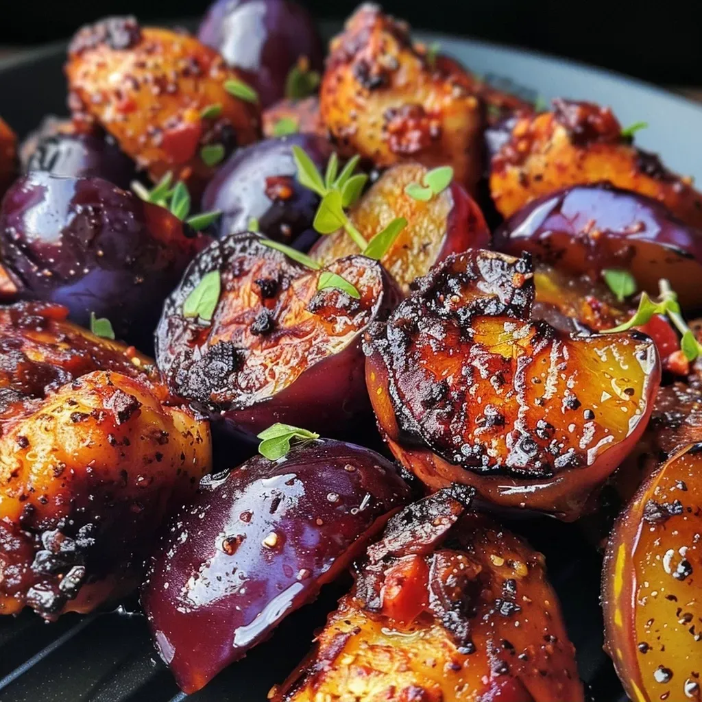 Close-up view of grilled chicken and plum skewers with juicy meat and vibrant fruit.