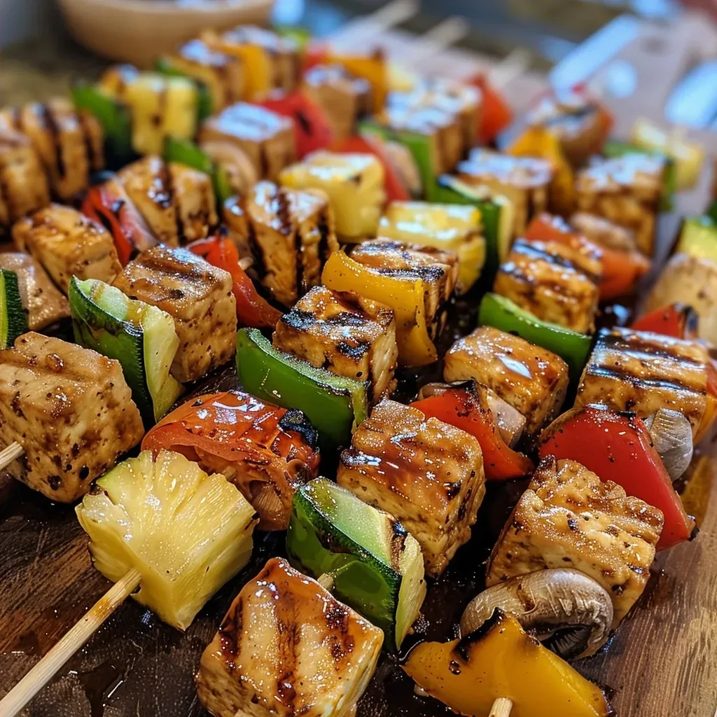 ['Close-up view of vegetable kabobs with tofu on skewers, showcasing vibrant colors and grill marks.', 'Juicy tofu and vegetable skewers arranged on a plate, highlighting tomatoes, mushrooms, and green pepper.', 'Grilled vegetable and tofu kabobs, featuring a selection of fresh ingredients like zucchini and pineapple.', 'Side view of colorful tofu skewers with BBQ glaze, emphasizing the texture and juiciness of the ingredients.']