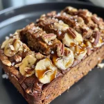 ['Close-up view of a slice of salted caramel banana nut bread, showcasing its moist texture and caramel drizzle.', 'Side view of a slice of banana nut bread topped with a thick layer of caramel and sea salt flakes.', 'Juicy banana nut bread with a glossy caramel sauce, highlighting chunks of nuts and banana pieces.', 'A slice of freshly baked banana nut bread with a creamy caramel topping and scattered pecans.']