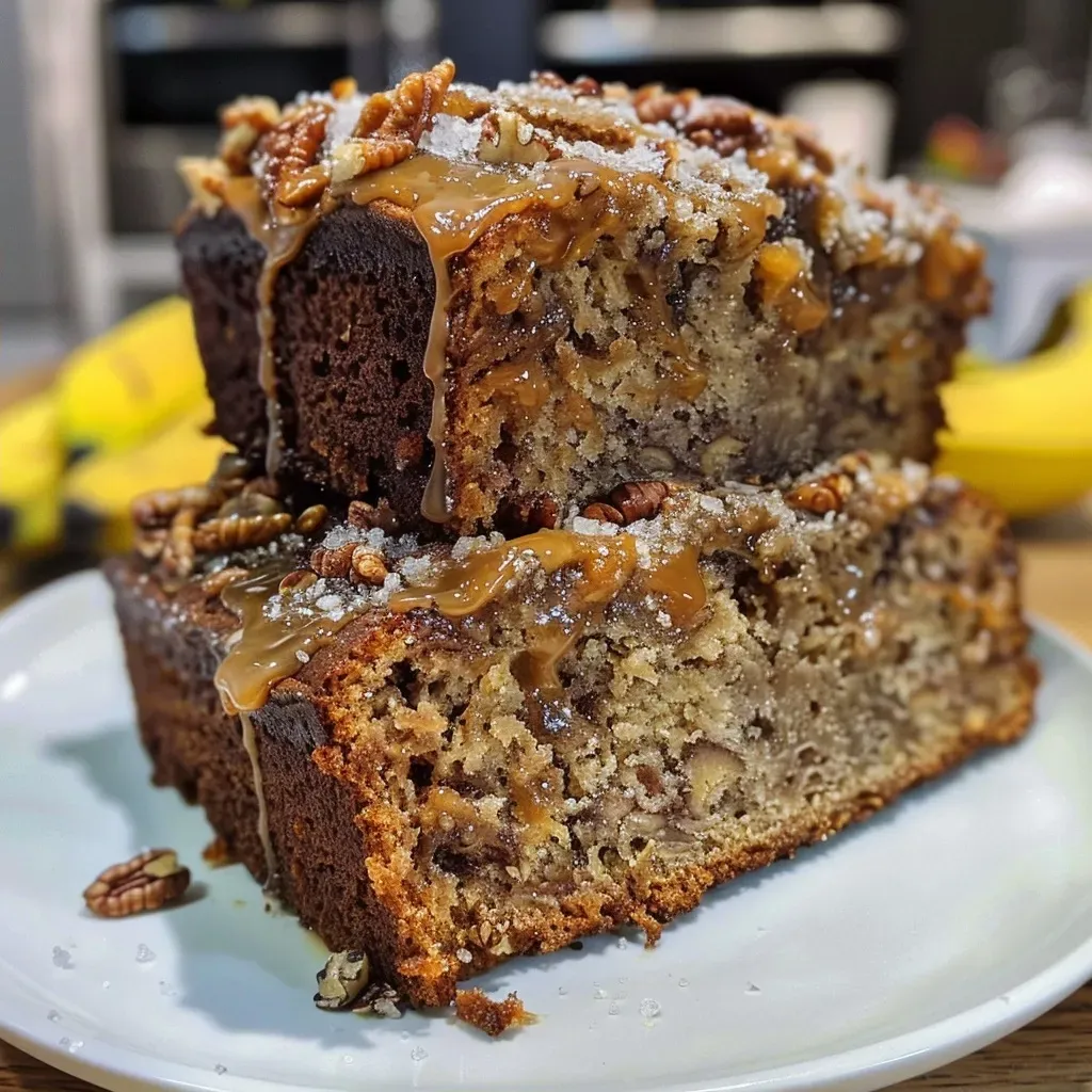 ['Close-up view of a slice of salted caramel banana nut bread, showcasing its moist texture and caramel drizzle.', 'Side view of a slice of banana nut bread topped with a thick layer of caramel and sea salt flakes.', 'Juicy banana nut bread with a glossy caramel sauce, highlighting chunks of nuts and banana pieces.', 'A slice of freshly baked banana nut bread with a creamy caramel topping and scattered pecans.']