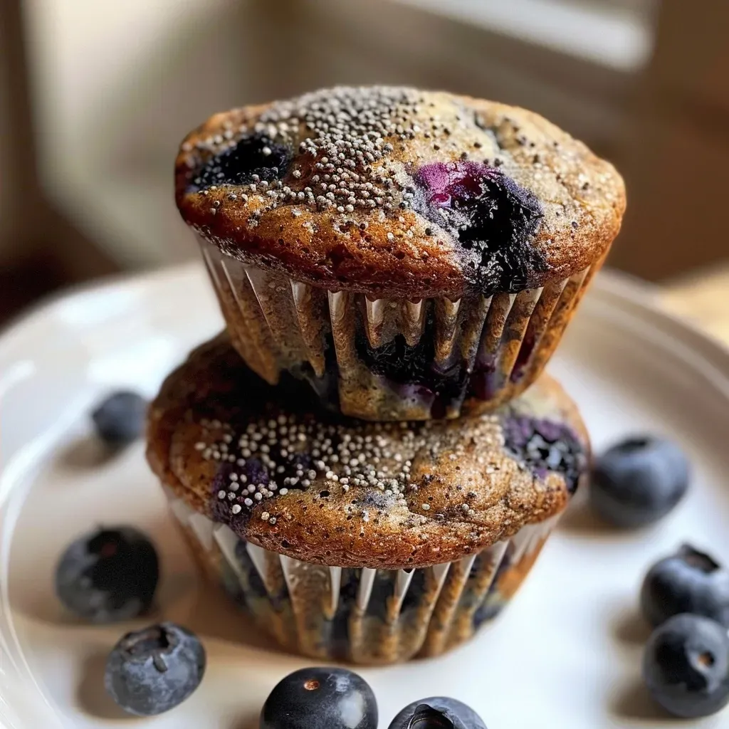 ['Close-up view of healthy blueberry lemon poppy seed protein muffins.', 'Side view of golden-brown protein muffins featuring blueberries and lemon zest.', 'Juicy blueberry lemon muffins with poppy seeds on a white plate.', 'Freshly baked protein muffins showcasing blueberries and a bright lemon touch.']