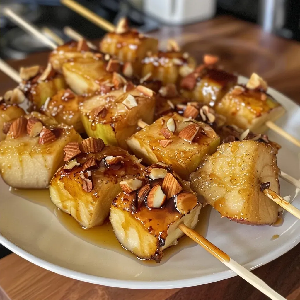 ['Close-up view of healthy caramel apple skewers with diced apples and toppings.', 'Side view of skewered caramel apples garnished with nuts and chocolate chips.', 'Juicy apple cubes on skewers drizzled with almond butter and toppings.', 'Delicious caramel apple bites arranged on a wooden skewer with various toppings.']