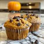 ['A close-up side view of healthy oat flour pumpkin muffins topped with mini chocolate chips.', 'Juicy pumpkin muffins made with oat flour and garnished with chocolate chips, captured in detail.', 'A detailed shot showing the moist texture of pumpkin muffins with a sprinkle of mini chocolate chips.', 'Side view of wholesome pumpkin muffins with a rich, inviting texture and chocolate chip decoration.']